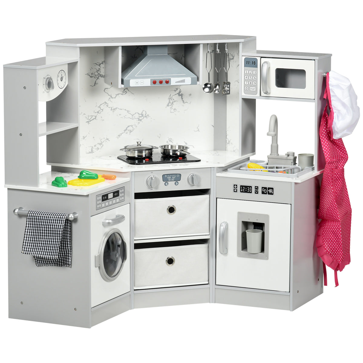Cuisine enfant en bois avec 17 accessoires légumes en plastique boutons et lumières toque 3-6 ans gris blanc-0