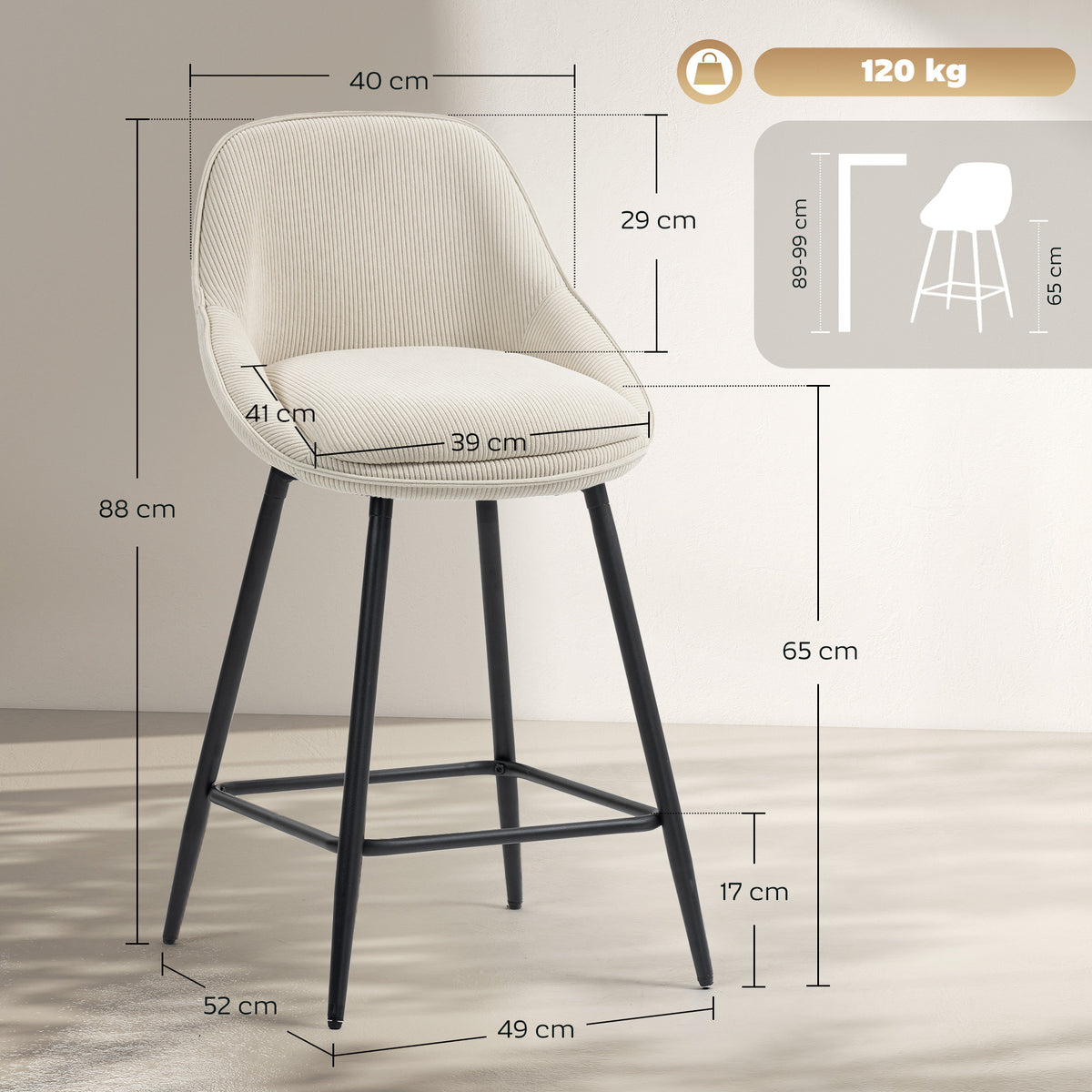 Lot de 2 tabourets de bar en tissu velours côtelé, chaises de bar avec dossier courbé, repose-pieds, 49x52x88cm, crème-2
