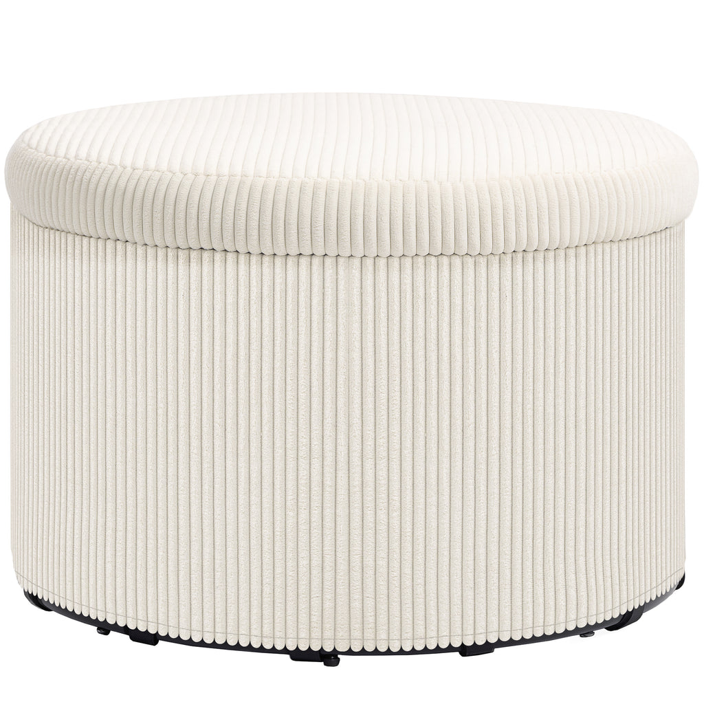 Pouf coffre rangement, tabouret rond, pouf repose-pieds en velours côtelé, charge 120 Kg, Ø 60 x 41 cm, beige-0