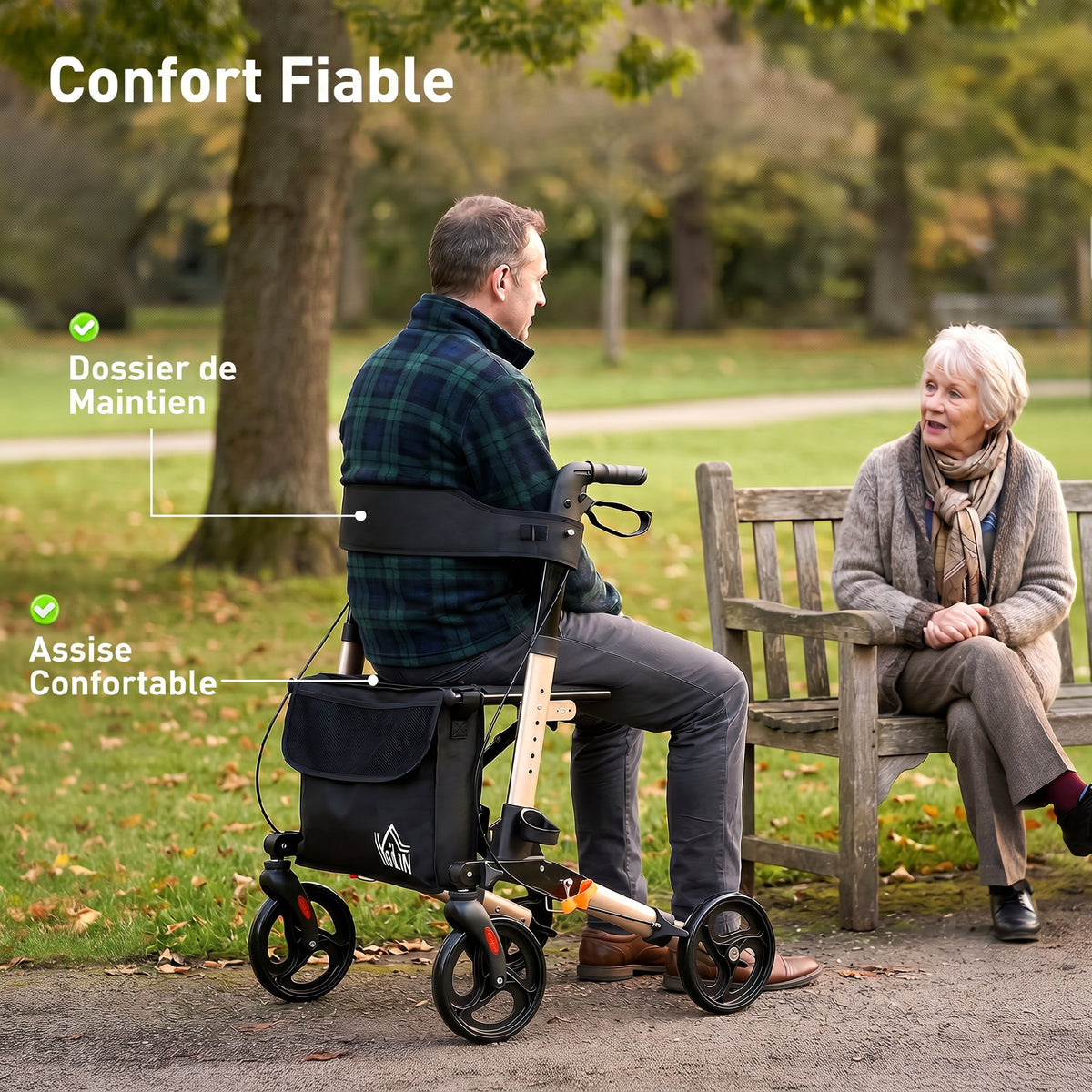 Déambulateur 4 Roues Pliable en Aluminium, Hauteur Réglable 6 Positions, Freins Doubles, Rangement, 64x67x92cm, Doré-4