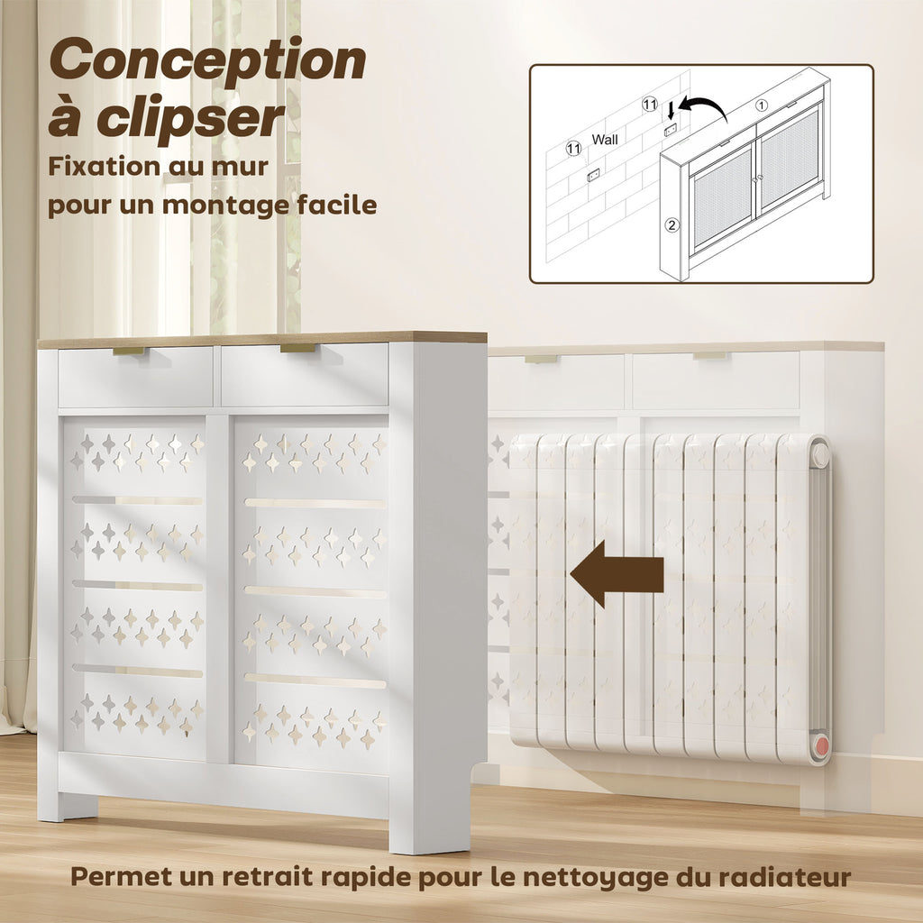 Couvercle de radiateur, cache radiateur avec placard rabattable et étagère supérieur, 108 x 19 x 95,5 cm, blanc-5