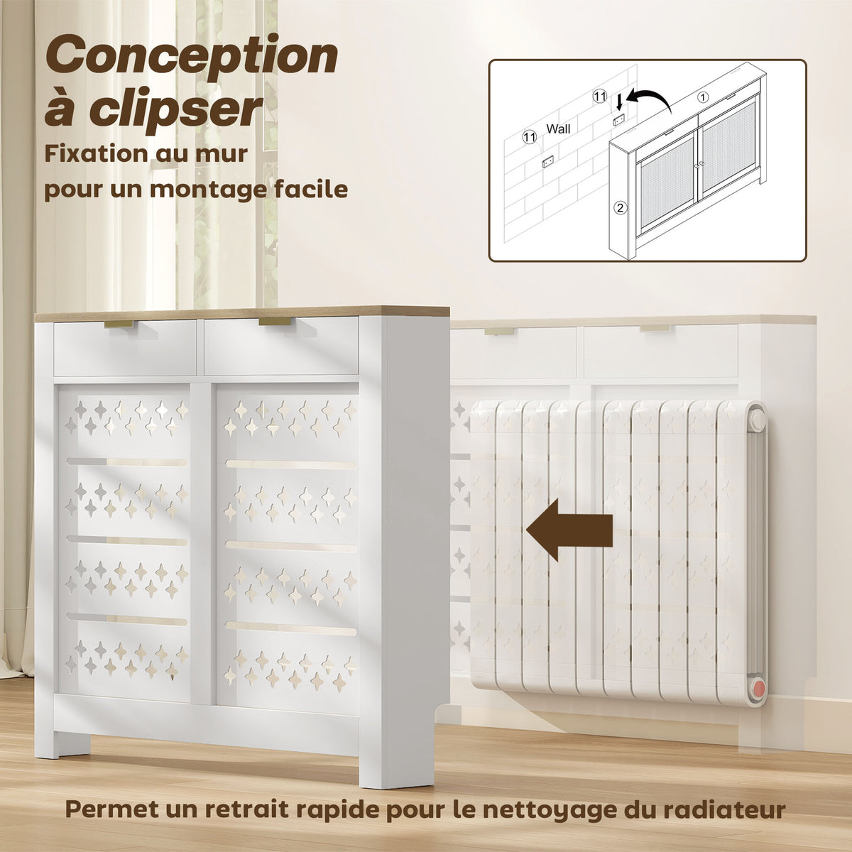 Couvercle de radiateur, cache radiateur avec placard rabattable et étagère supérieur, 108 x 19 x 95,5 cm, blanc-5