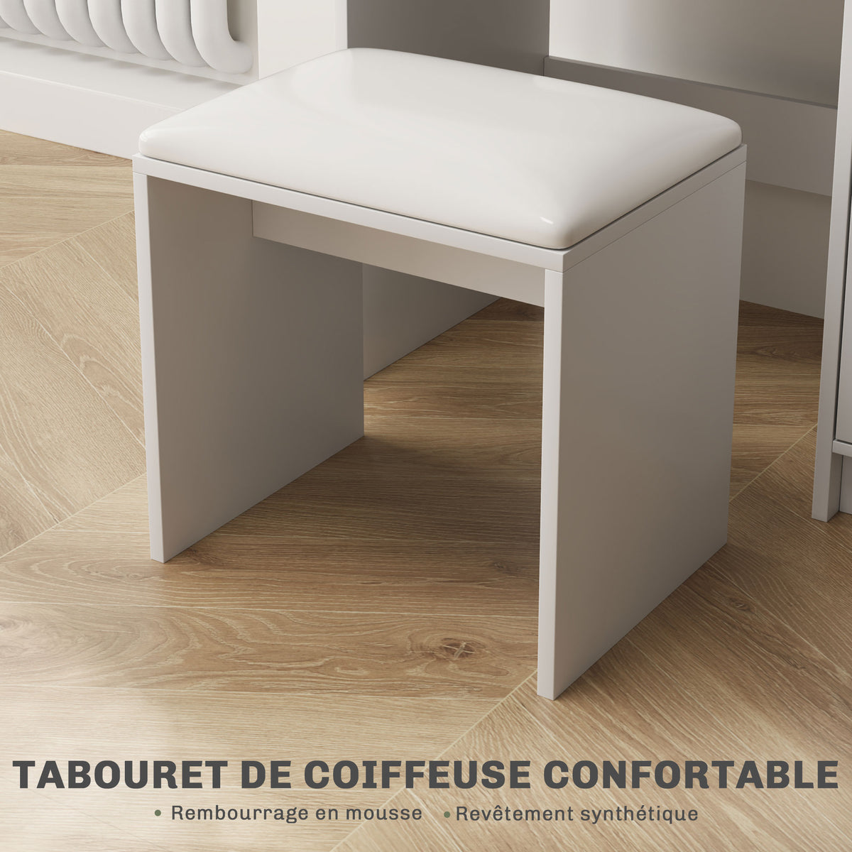 Ensemble coiffeuse avec miroir et tabouret, tiroir, armoire étagère réglable pour la chambre 80l x 40P x 132H cm, blanc-6