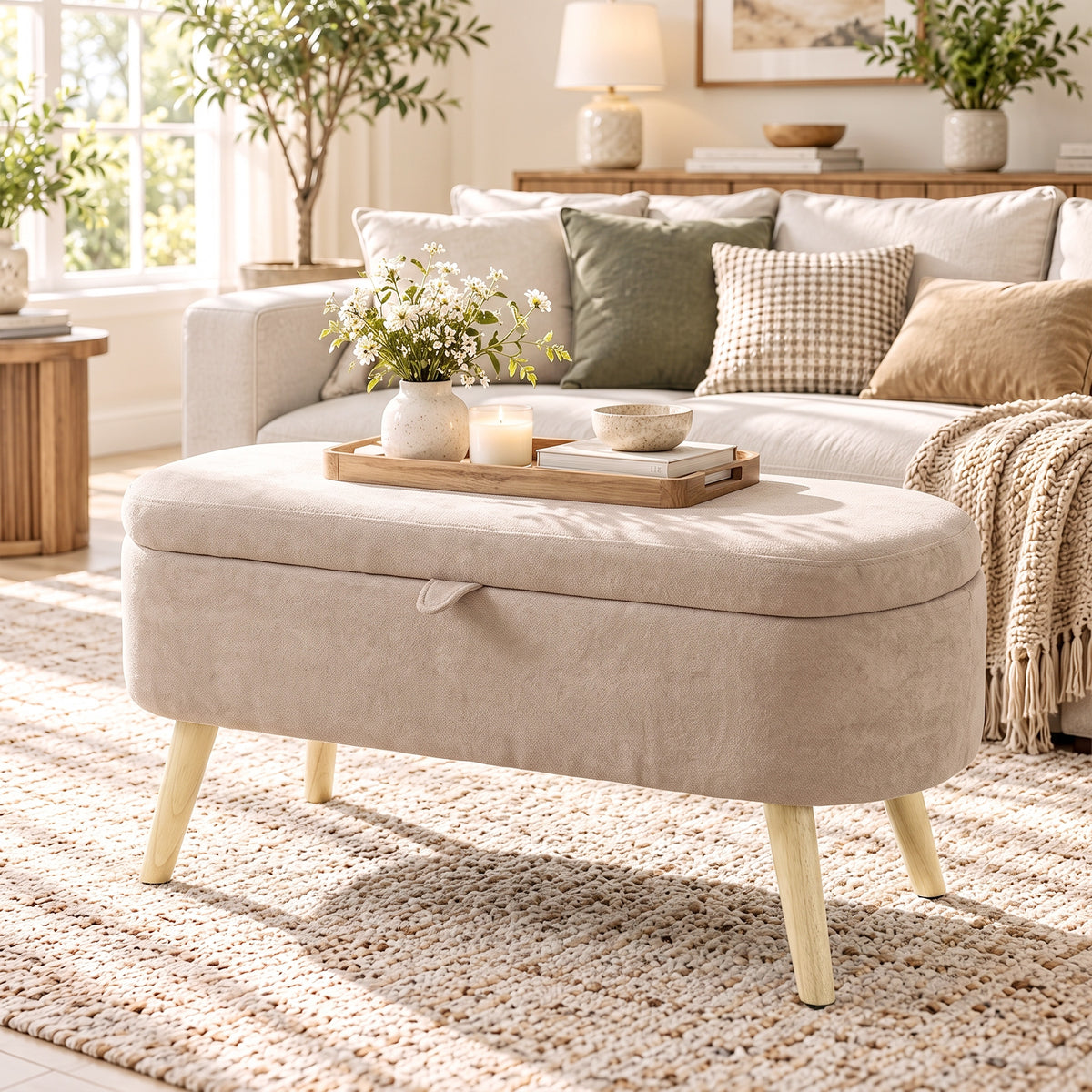 Banc Coffre de Rangement en Sherpa Moderne pour Bout de Lit avec Pieds en Bois 95cm Beige-8
