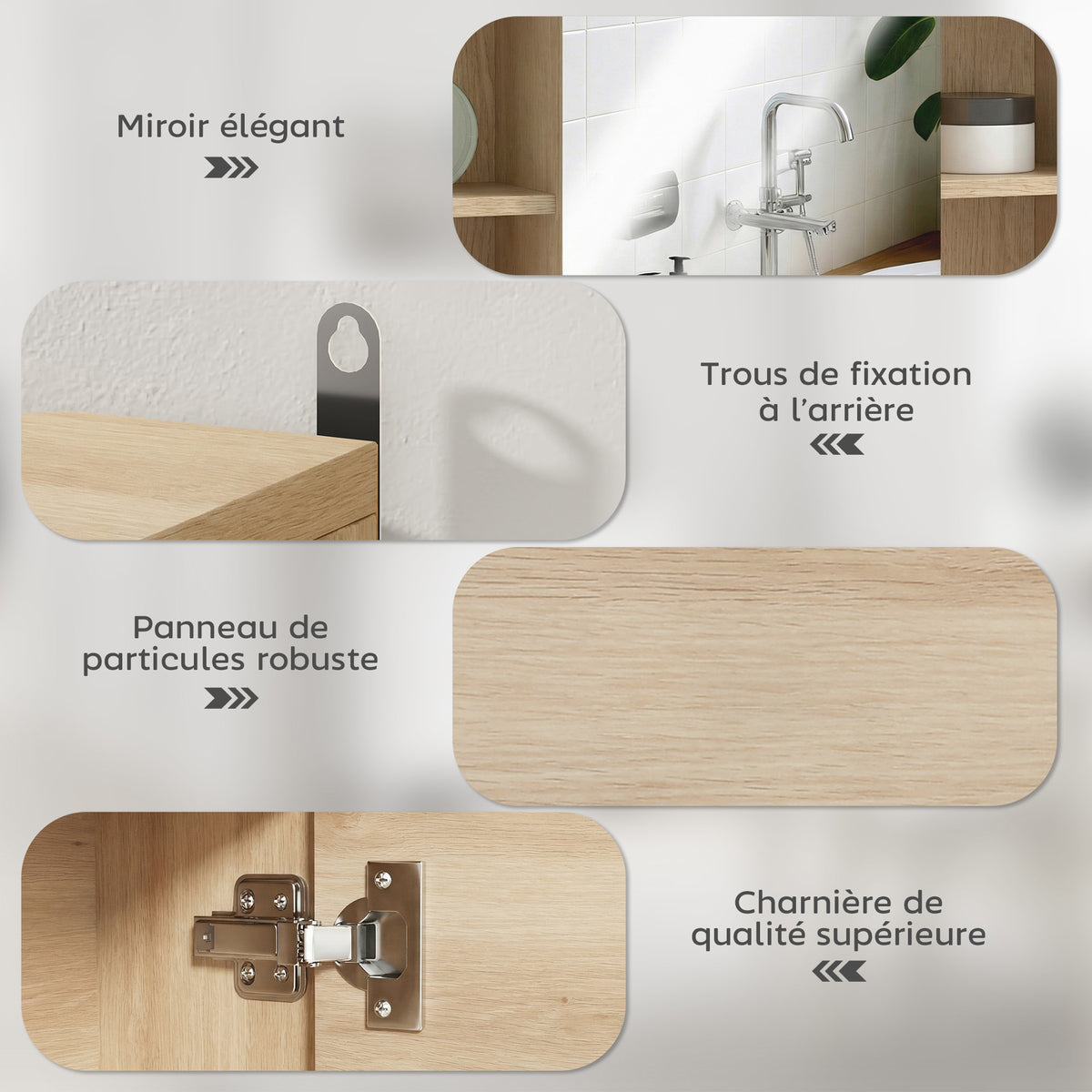 Meuble salle de bain avec miroir, placard à portes et 6 compartiments ouverts, 60 x 14,5 x 49,4 cm, bois naturel-4