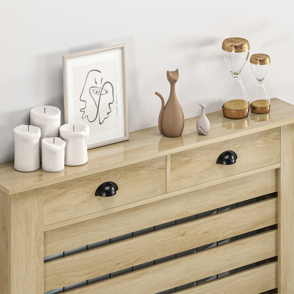 Couvercle de radiateur cache radiateur grille à lattes horizontales avec 2 tiroirs en bois 111l x 19P x 95,5H cm chêne-8
