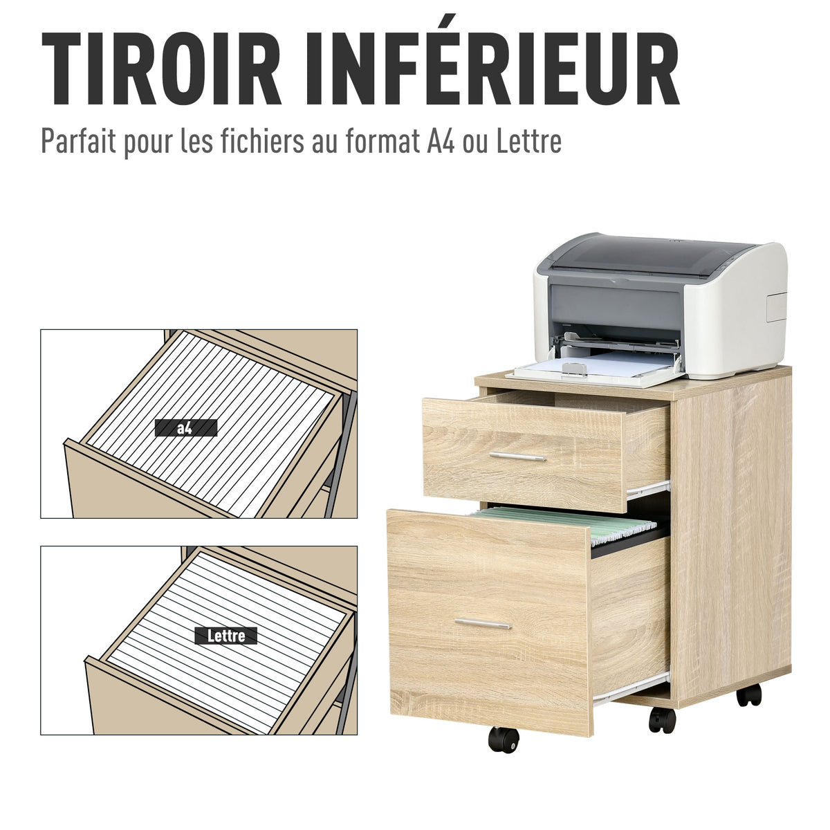 Caisson de bureau caisson de rangement mobile 2 tiroirs 5 roulettes en panneau de particules 39,5 x 39 x 58,5 cm-3