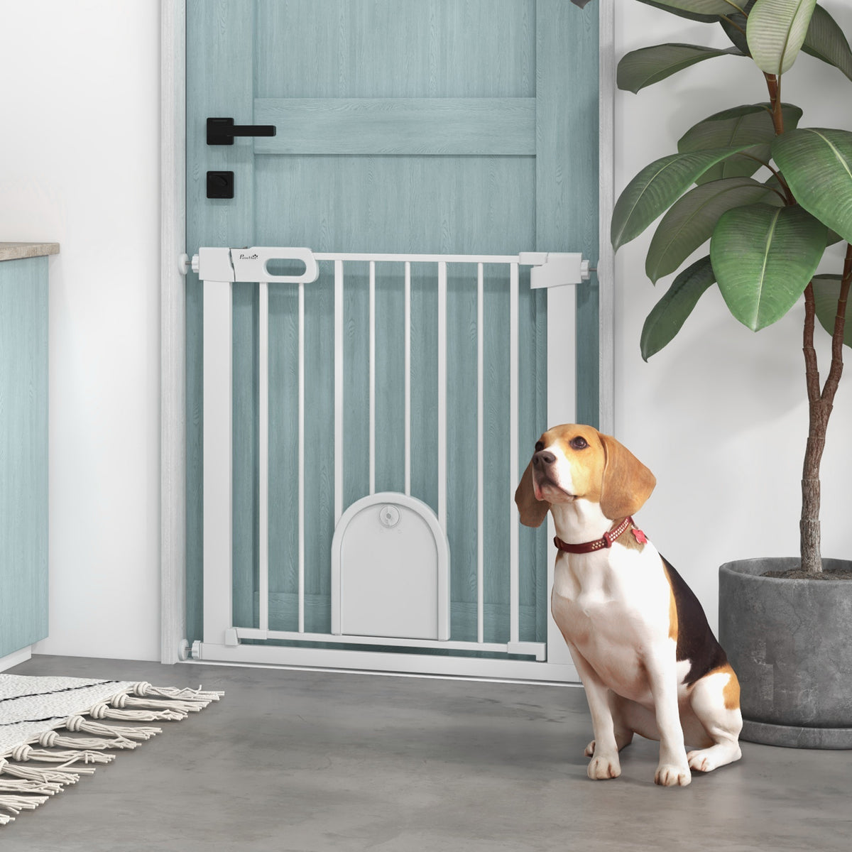 Barrière de sécurité animaux avec porte fermeture automatique système de double verrouillage, acier blanc-1