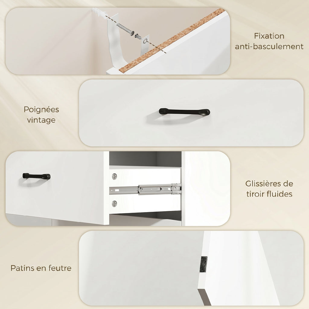 Buffet Cuisine, Meuble de Rangement avec 5 Tiroirs et Porte, Style Rustique, 100 x 40 x 94 cm, Blanc-5