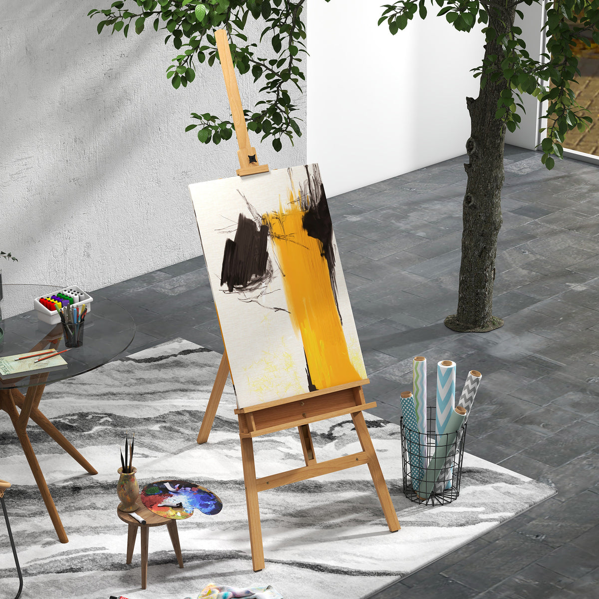 Chevalet de peinture pliant en hêtre avec hauteur et angle réglables, 65x110x180-235 cm, bois naturel-1