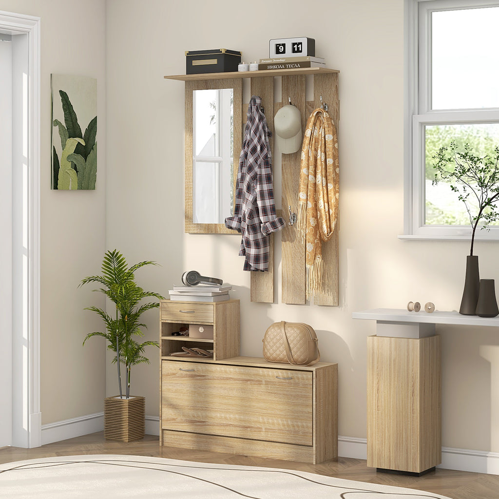 Meuble d'entrée vestiaire panneau porte-manteau, miroir et banc à chaussures - 6 crochets 90x10x91cm effet bois naturel-9
