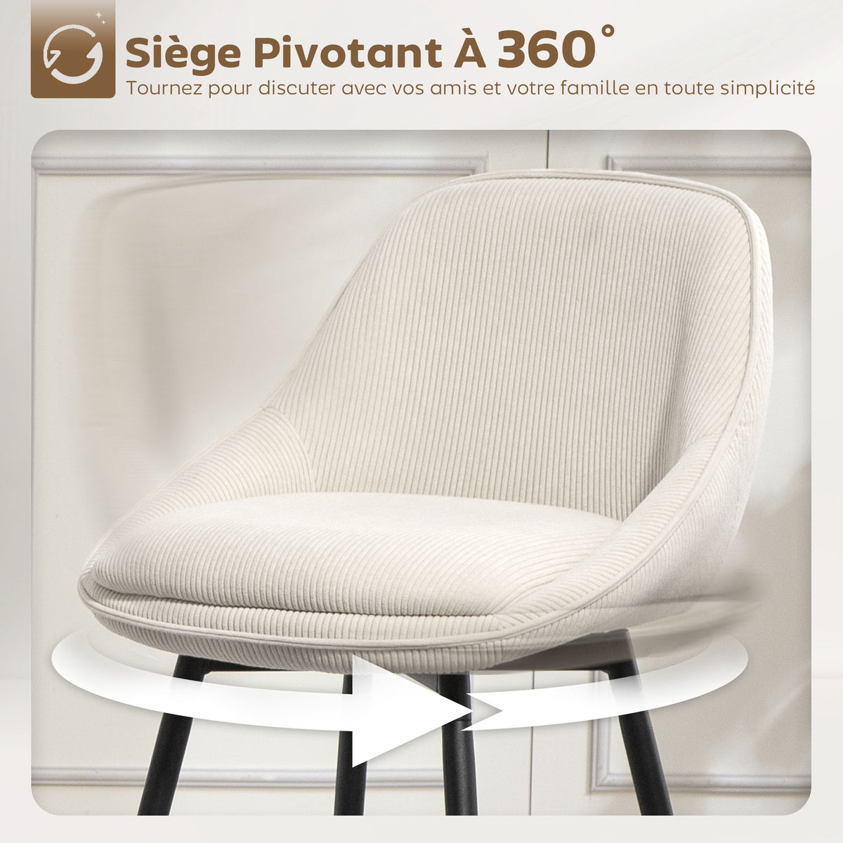 Lot de 2 tabourets de bar en tissu velours côtelé, chaises de bar avec dossier courbé, repose-pieds, 49x52x88cm, crème-3