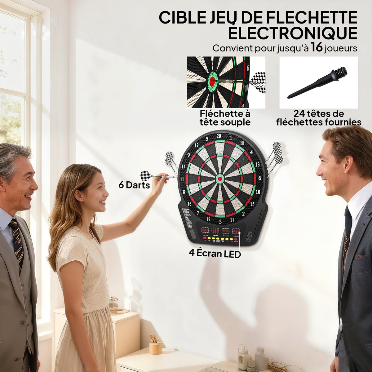 Cible de Fléchettes Électronique Professionnel 27 jeux 243 variations - Fléchettes pour 1 à 16 joueurs, 6 fléchettes et 24 pointes souples, convient pour les fêtes et les soirées de jeu-3