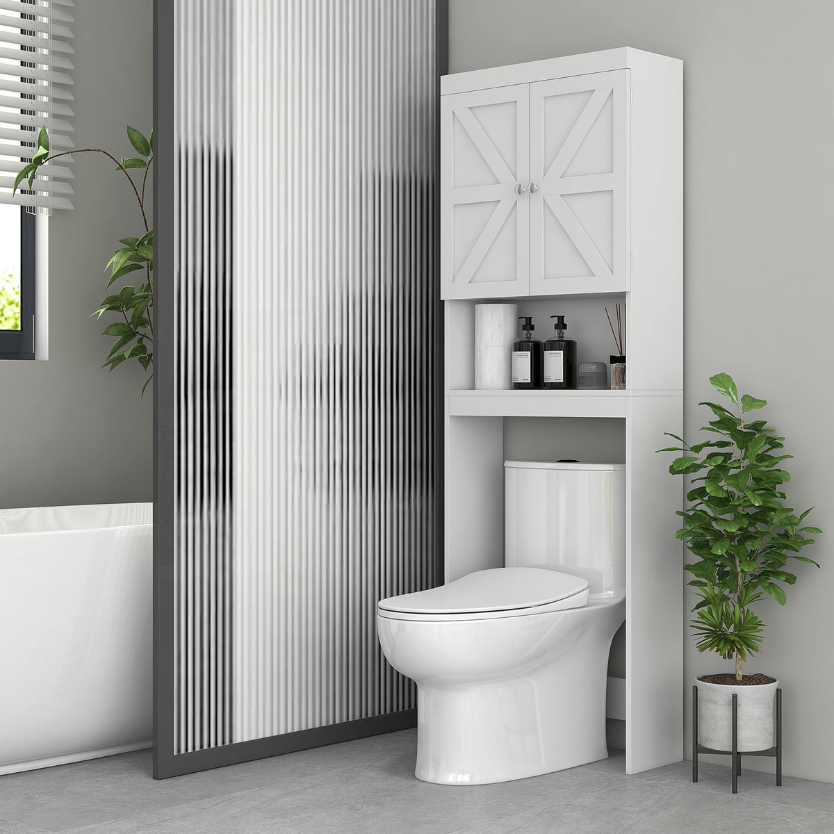Armoire de rangement dessus des toilettes, meuble de salle de bain placard 2 portes étagère 58,5L x 23l x 170H cm blanc-1