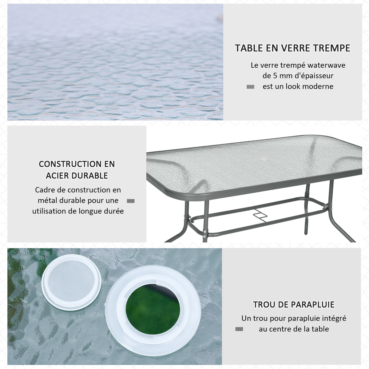Table de Jardin rectangulaire dim. 140L X 80l x 70H cm métal époxy Gris Plateau Verre trempé-3