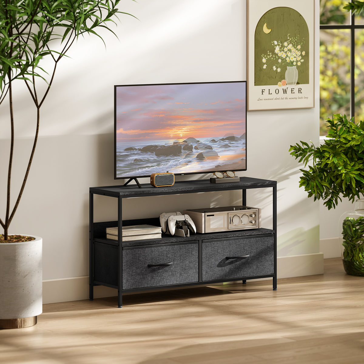 Meuble TV, meuble télé pour téléviseur jusqu'à 47 pouces avec 2 tiroirs et pieds en acier, 98 x 29 x 56 cm, gris foncé-1