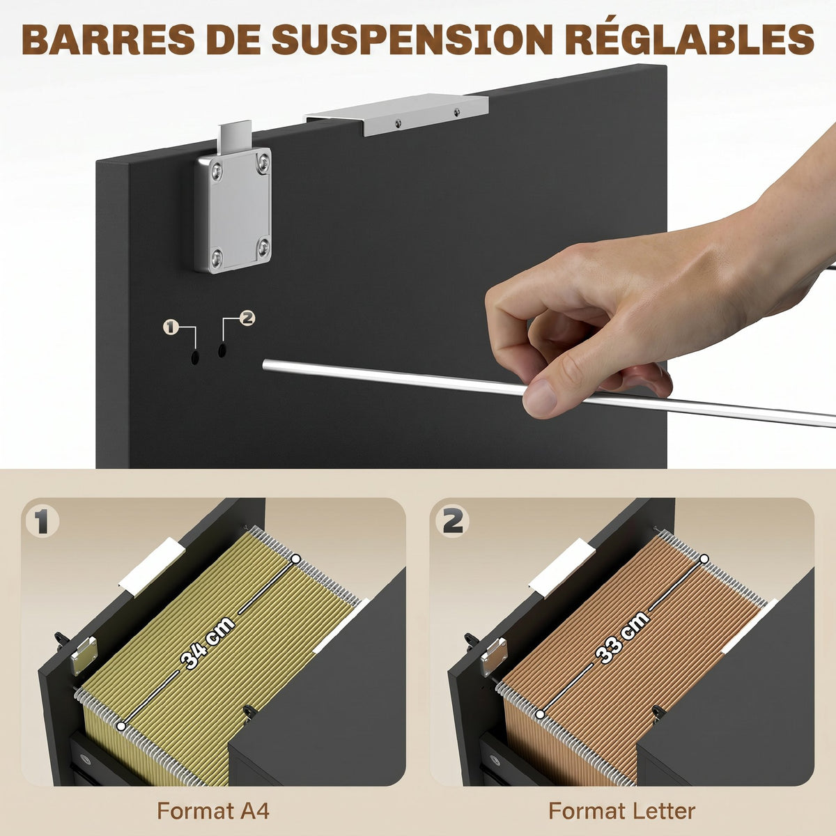 Caisson de bureau, meuble de rangement 2 tiroirs 2 barres pour dossier suspendu, verrouillable avec 2 clés 42x40x60 cm-4