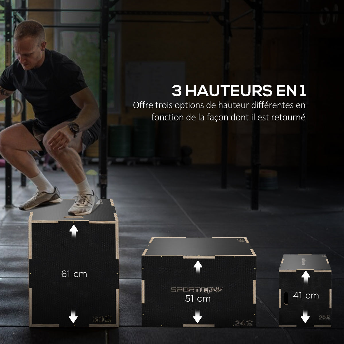Box Jump pliométrie 3 en 1 boîte à saut musculation fitness pour box training en bois, 41/51/61 cm-3