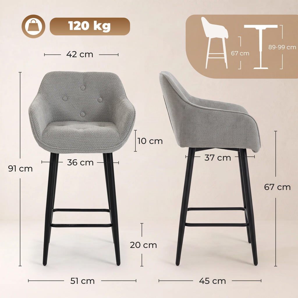 Lot de 2 Tabourets de Bar, Chaises de Bar Rembourrées en Chenille, Assise Large 67H cm, Dossier et Repose-Pieds, Gris-2