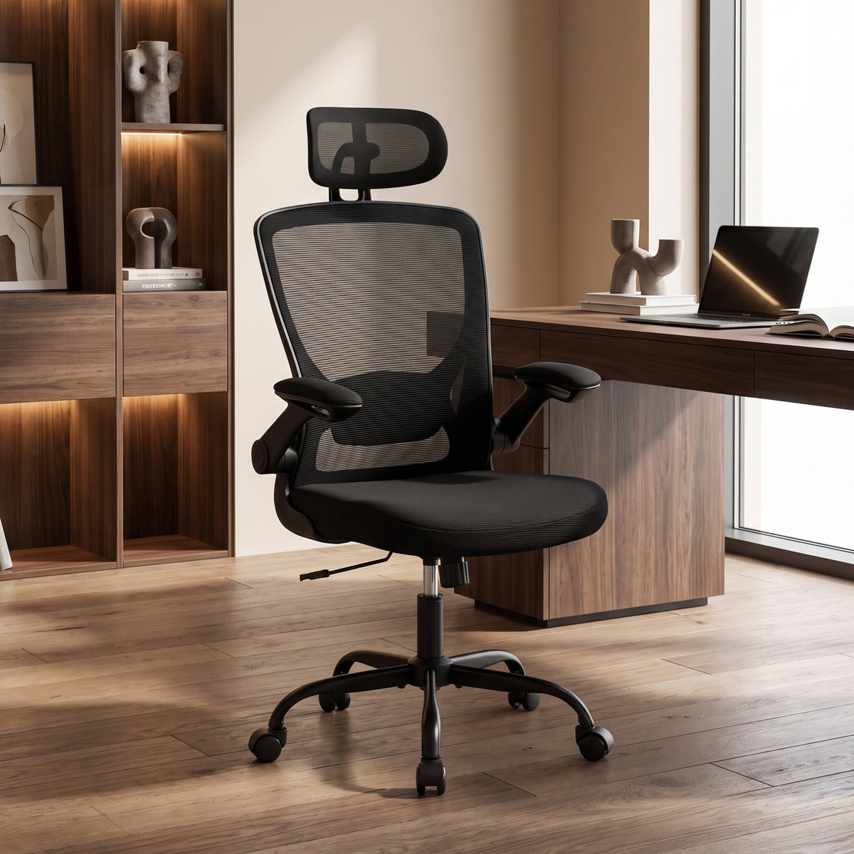 Chaise Bureau Ergonomique, Fauteuil de Bureau en Maille avec Soutien Lombaire et Appui-Tête Réglables, 64x65x129cm, Noir-1