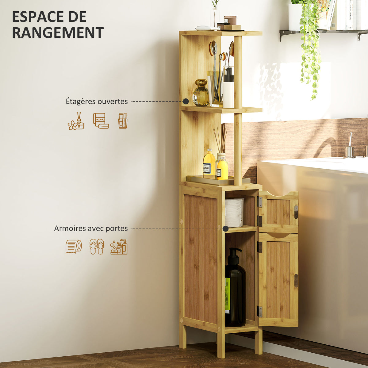 Colonne de salle de bain meuble de salle de bain avec 2 étagères 2 placards en bambou 18l x 30P x 120H cm bois naturel-3