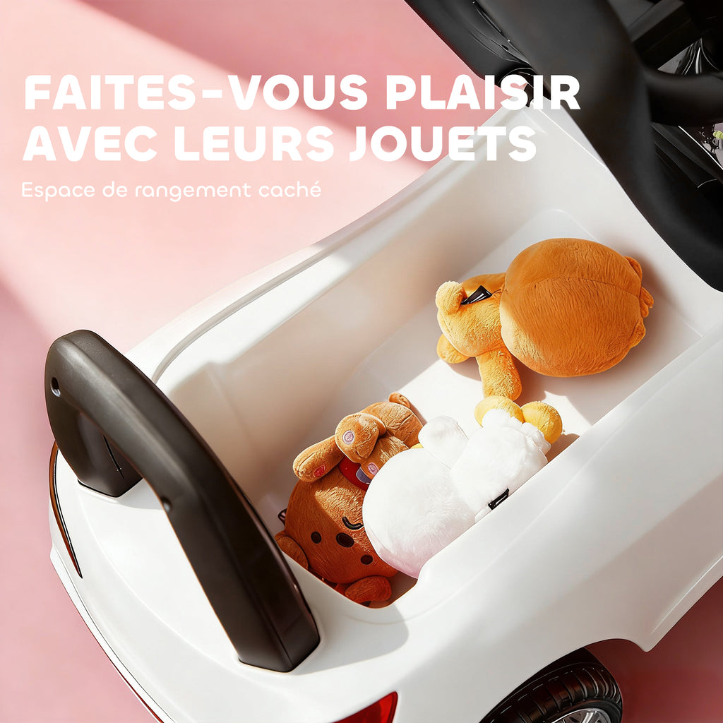 Porteur enfants voiture, véhicule à pousser avec coffre à jouets, klaxon, phares et musique, 63,5 x 28 x 36 cm, blanc-5