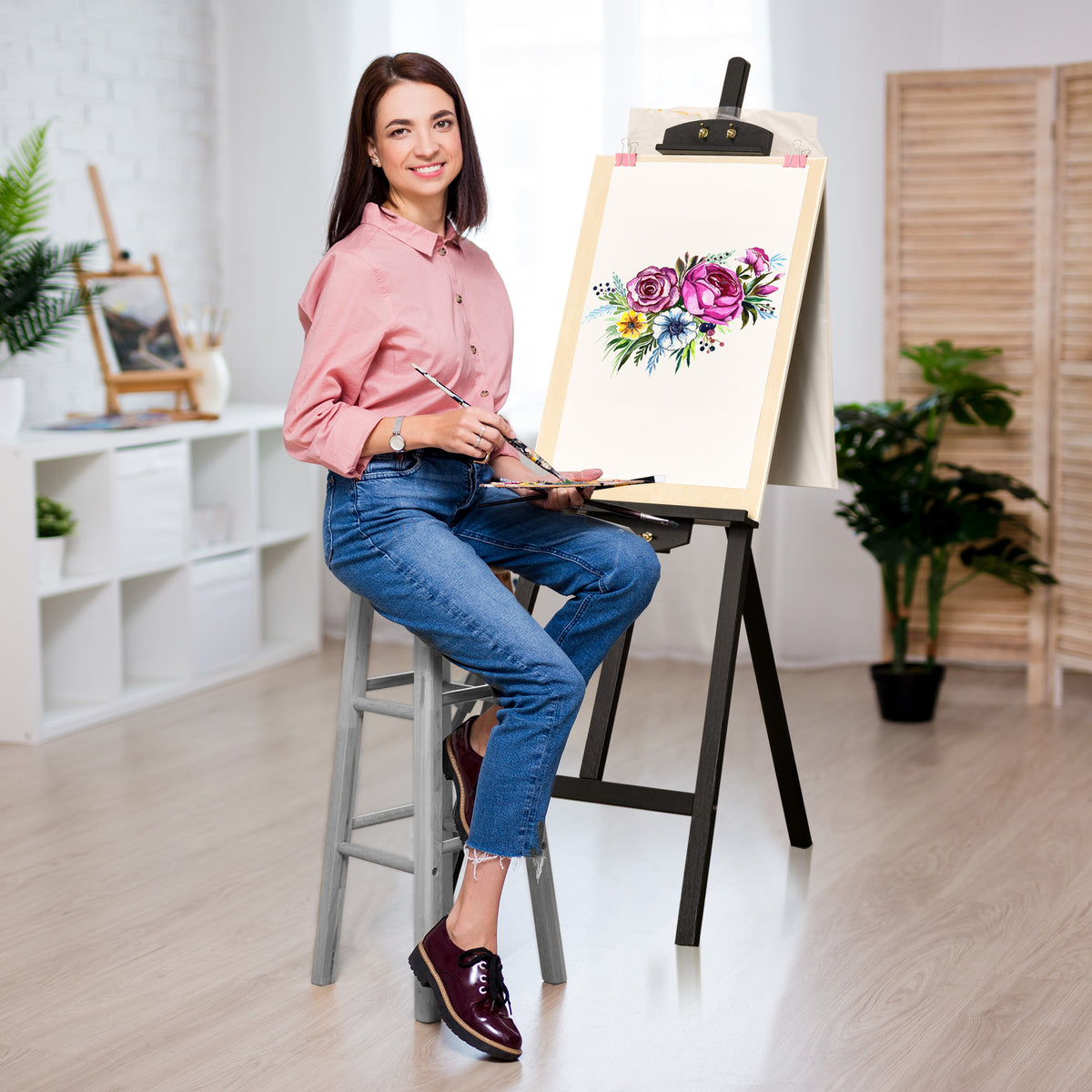 Chevalet d'artiste sur pieds dim. 51,5L x 71,5l x 134,5H cm inclinaison réglable 90° max. bois de pin-1