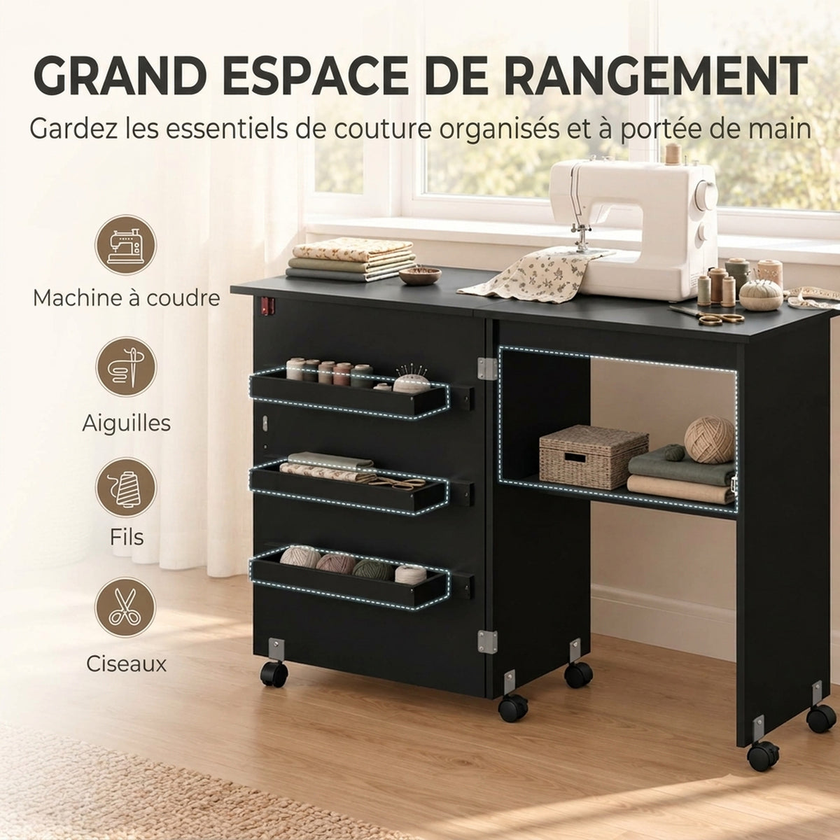 Table de couture pliante meuble couture à abattant avec bacs de rangement, étagère ouverte et roulettes, noir-3