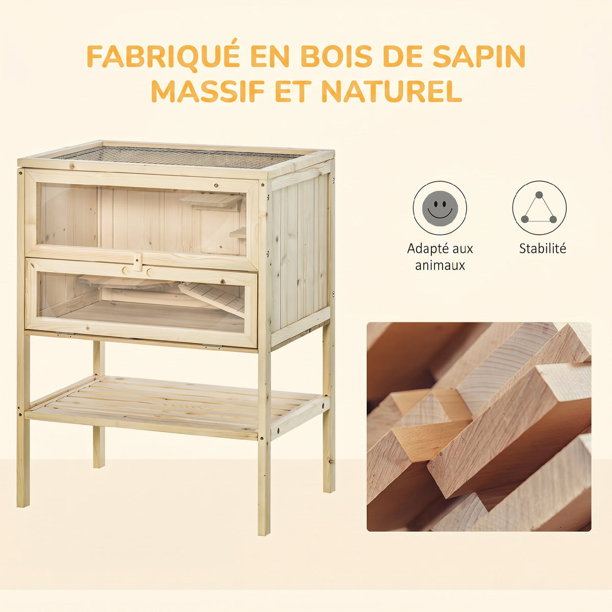 Cage Hamster en Bois à 3 Niveaux avec Plateformes, Échelles, Étagère, Fenêtre, Toit Ouvrable, 60x40x80cm, Naturel-6