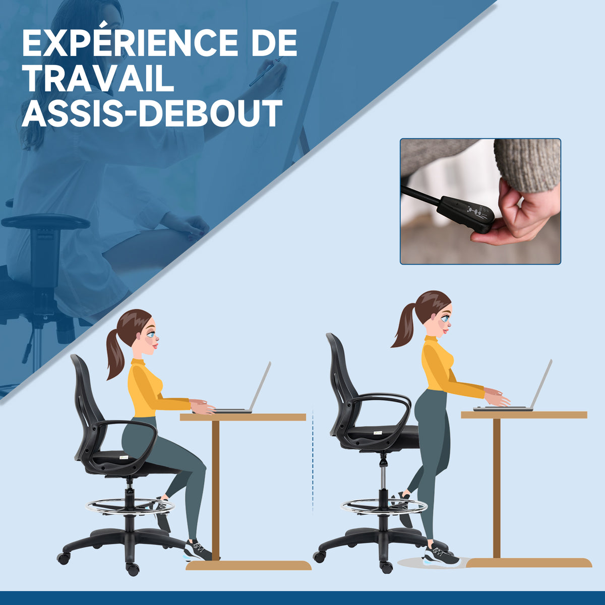 Chaise de bureau assise haute fauteuil de bureau en maille hauteur réglable pivotant avec repose-pied noir-4