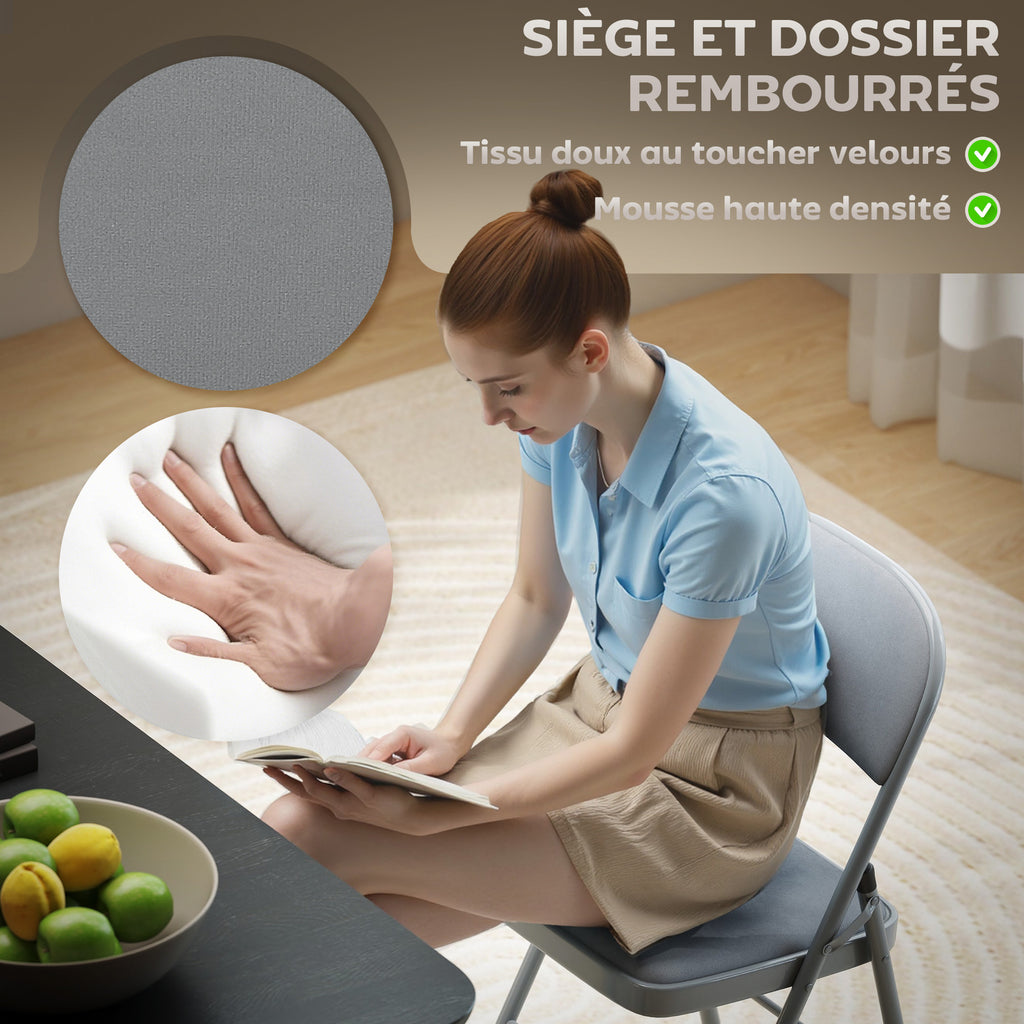 Lot de 4 chaises pliantes et portables intérieur avec assises et dossiers rembourrés en velours, cadre en acier, gris clair-4