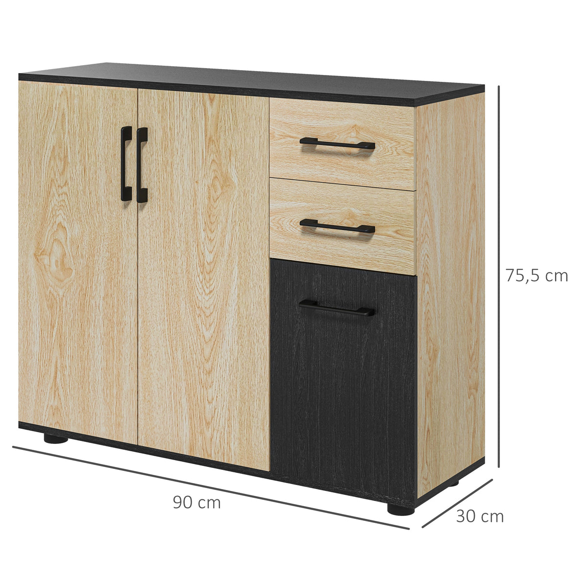 Meuble buffet de rangement cuisine 2 placards étagère réglable 2 tiroirs 90 x 30 x 75,5 cm naturel noir-2