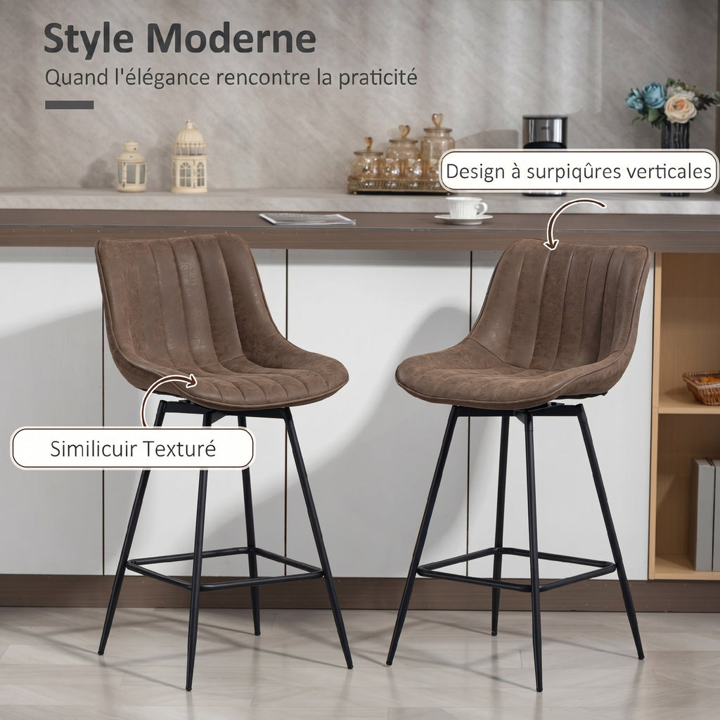 Lot de 2 tabourets de bar, chaises de bar en PU, assise rembourrée 68H cm, dossier et repose-pieds, marron-3
