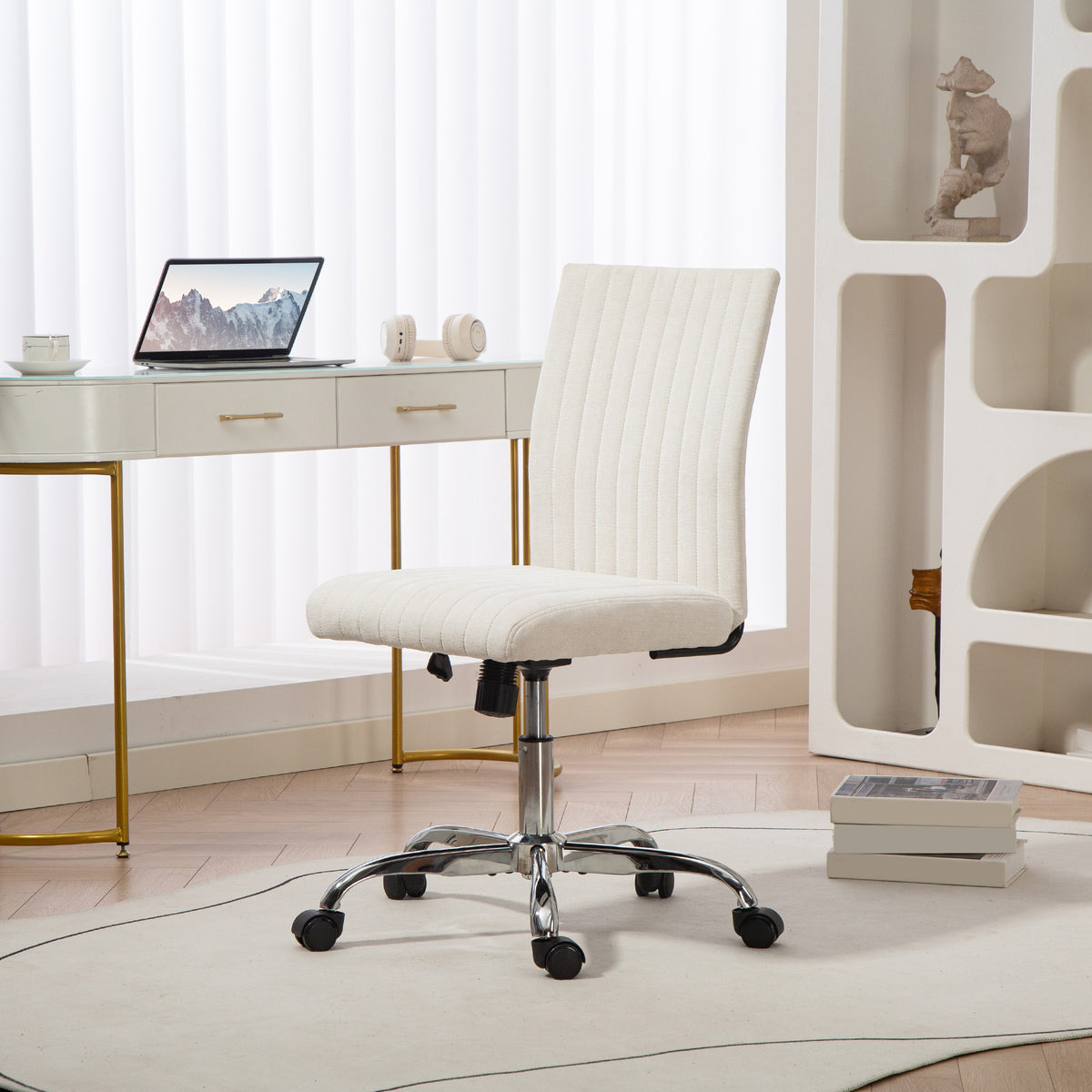 Chaise de bureau sans accoudoirs, fauteuil de bureau, hauteur réglable et pivotant 360°, 43 x 56 x 89-99 cm, crème-9