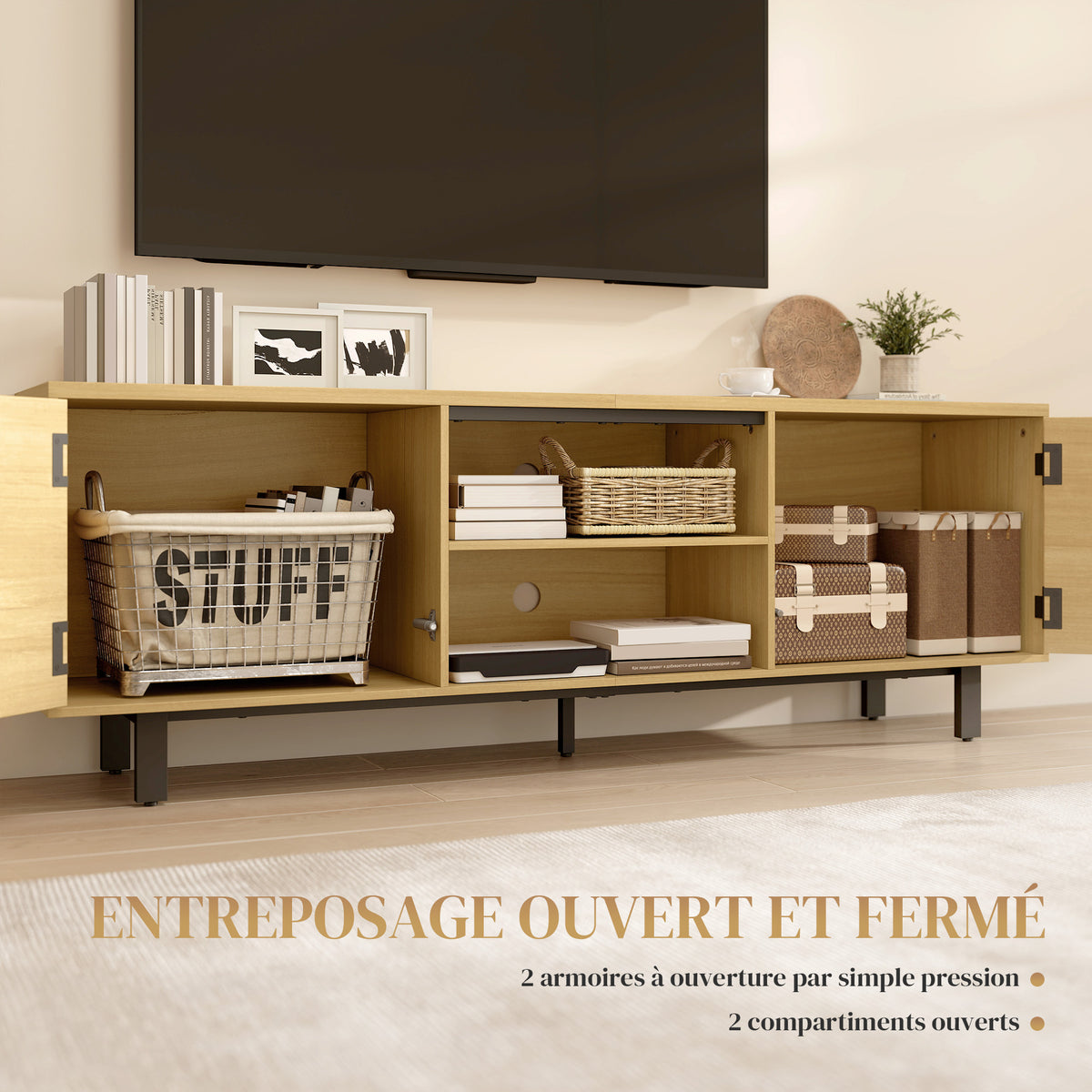 Meuble TV, meuble télé jusqu'à 65 pouces, 2 portes à ouverture par pression et 2 étagères, 160x35x55,5cm, bois naturel-3