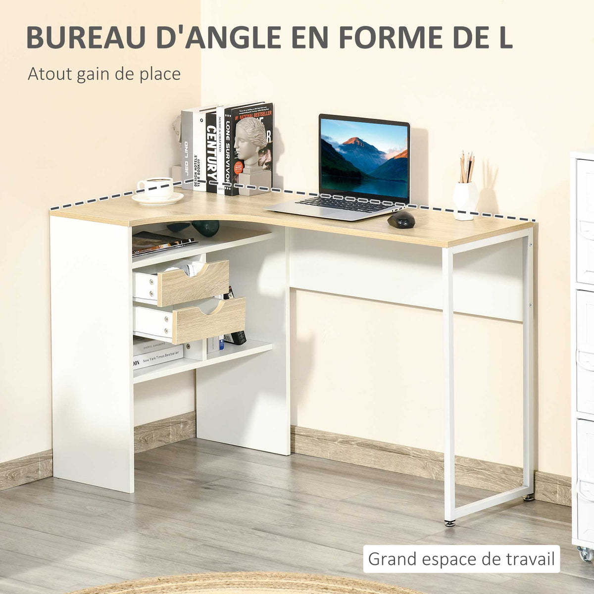 Bureau d'Angle avec 2 Tiroirs, 120 x 60 cm, Bureau en L avec 3 Compartiments Ouverts, Table Informatique pour Étudier, Travailler, Chambre, Maison, Chêne Clair-4