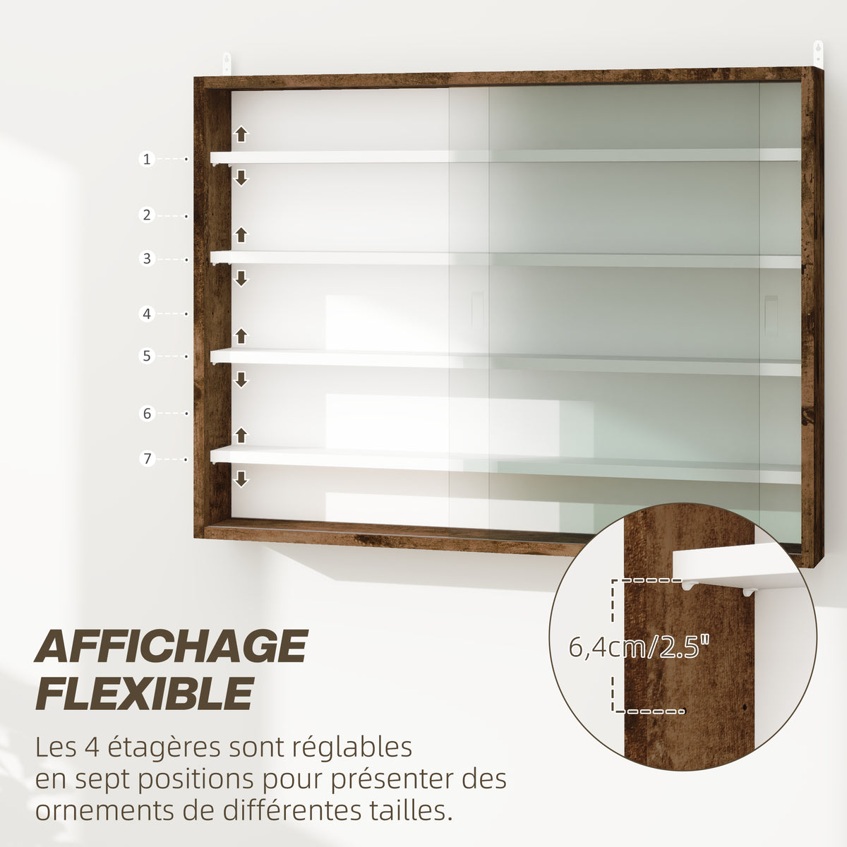 Vitrine murale pour objets de collection 5 étagère réglables en hauteur et 2 portes coulissantes 80 x 9,5 x 60 cm marron-3