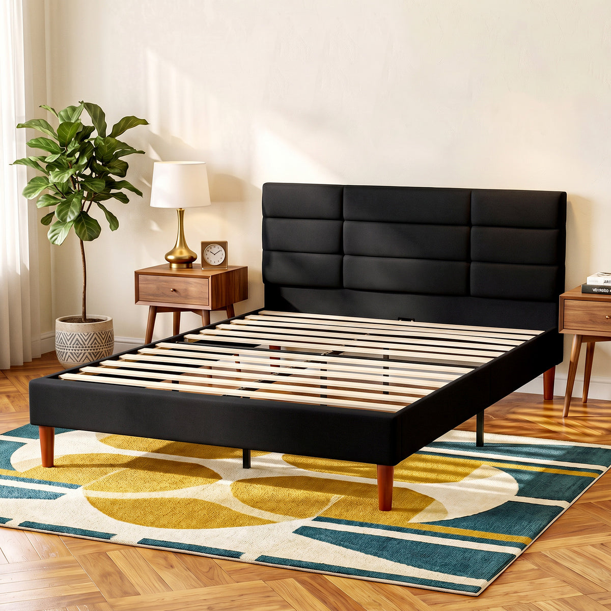 Cadre de Lit 140 x 200 cm avec Sommier Bois, Lit Double Rembourré en Effet Lin, Rangement au-dessous, Sans Bruit, Noir-1