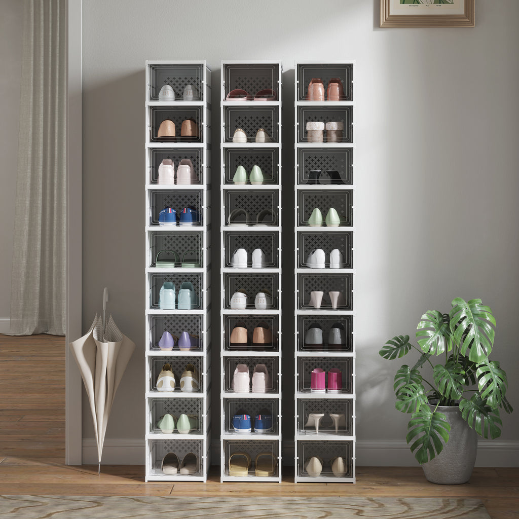 Lot de 10 boîtes à chaussures pliables en plastique empilables avec couvercles, pour pointure jusqu'à 43, blanc-6