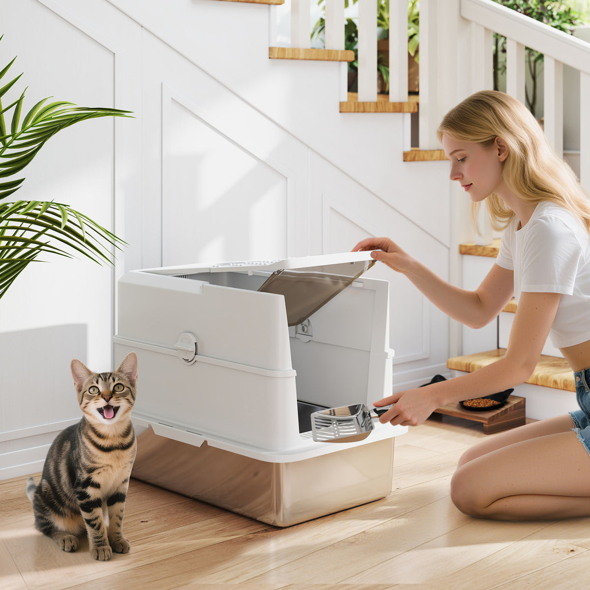 Bac à litière pour chat fermé, maison de toilette pour chat en acier inoxydable, 60,2 x 40,2 x 43,7 cm, gris clair-1