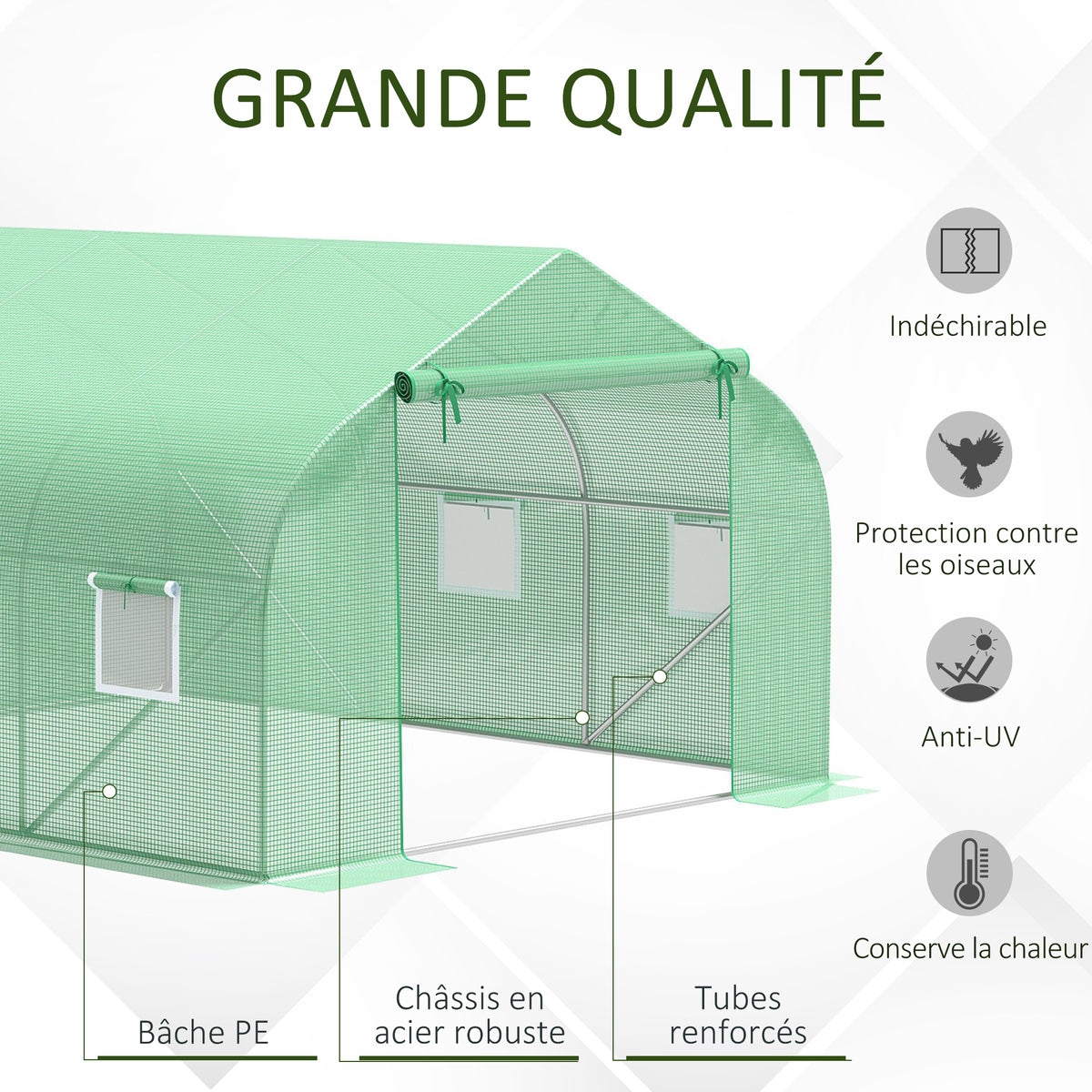 Serre Tunnel de Jardin 10,5 m² dim. 3,5L x 3l x 2H m Porte + 6 fenêtres enroulables Acier galvanisé bâche PE Haute densité Vert-3