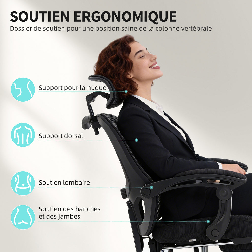 Chaise bureau ergonomique, fauteuil de bureau en maille avec appuie-tête réglable, support lombaire, 64x64x124cm, noir-3