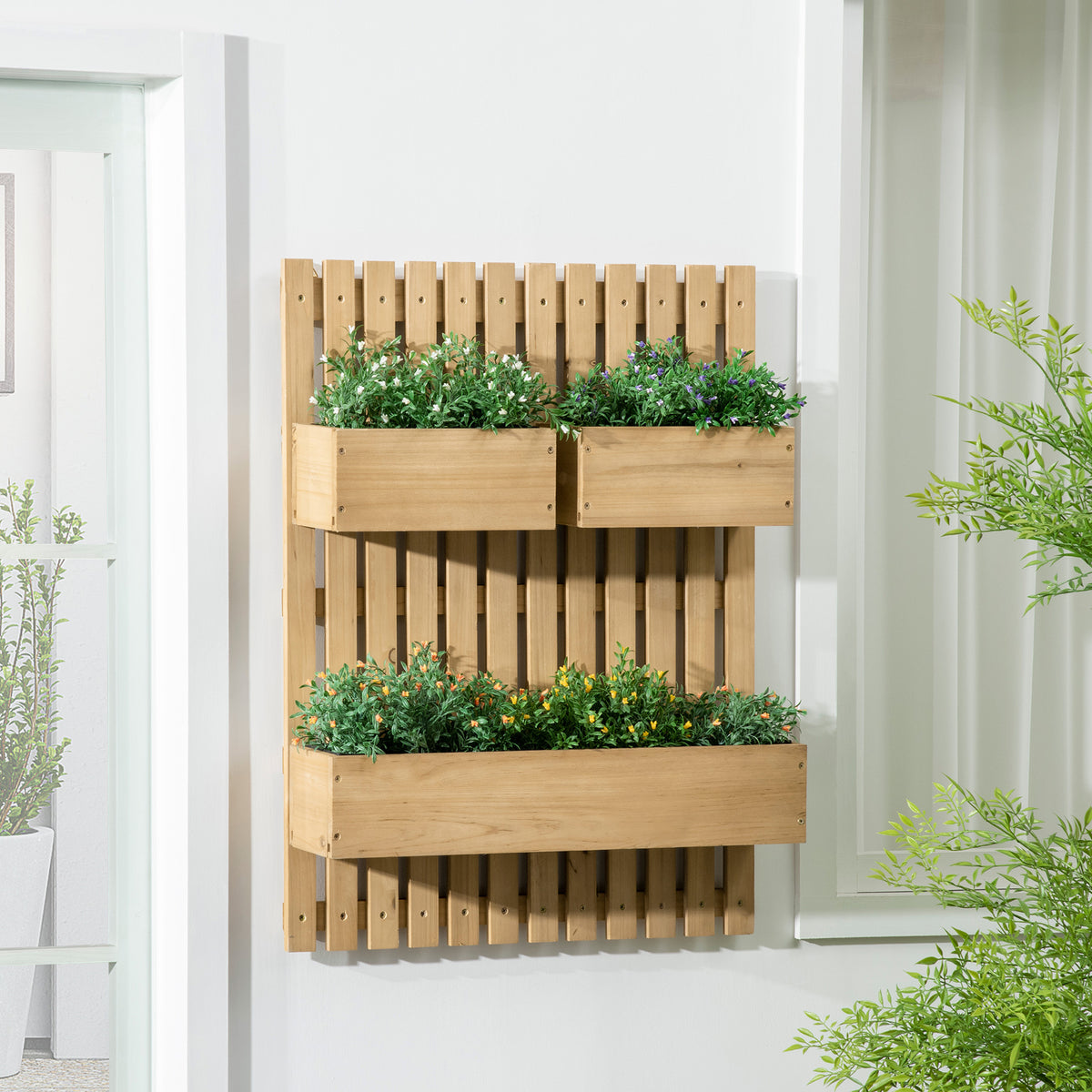 Jardinière murale potager avec 3 bacs en bois massif amovibles 60 x 16 x 80 cm-1