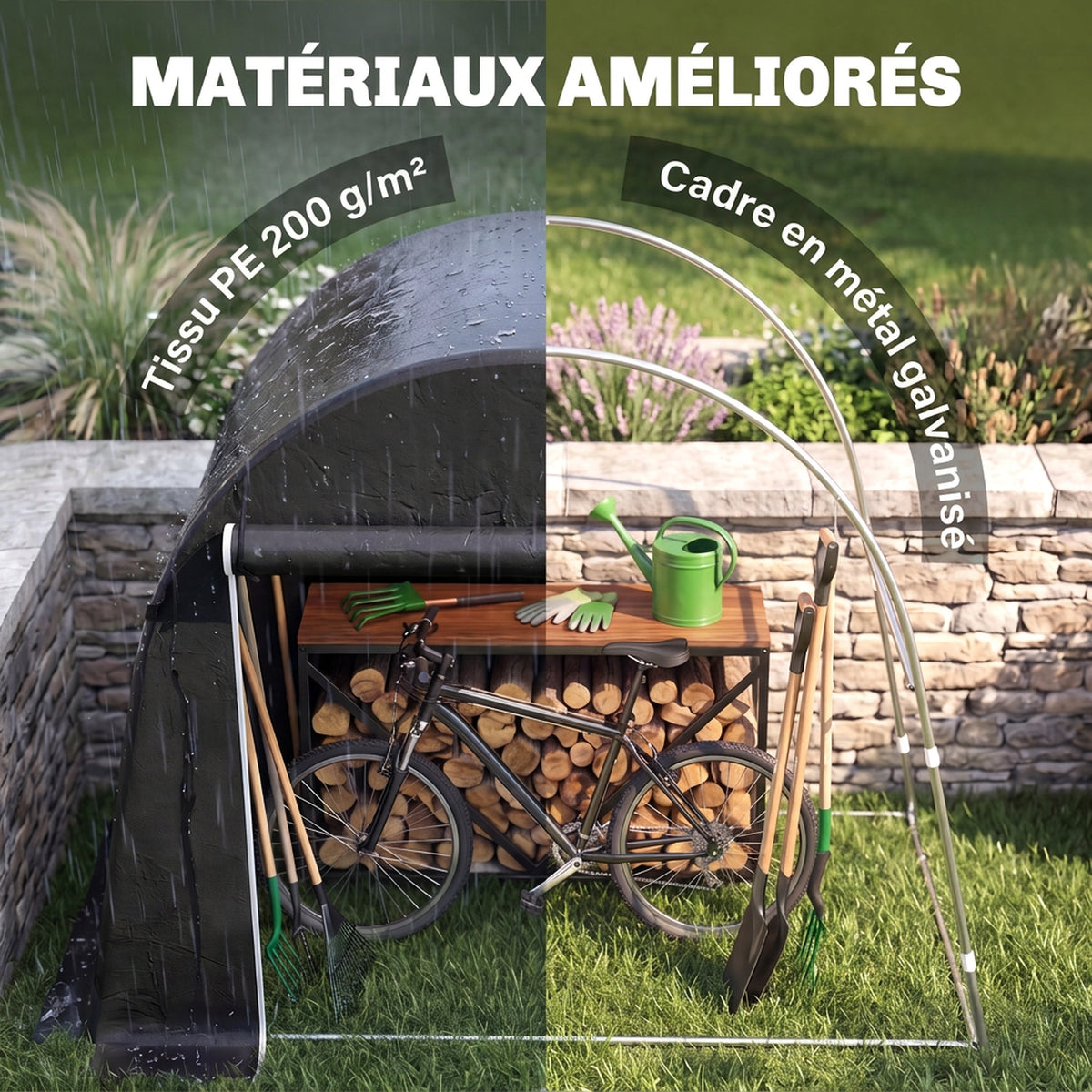 Abri de jardin tente de stockage étanche abri moto porte enroulable fermeture éclair, 245 x 120 x 200 cm, gris foncé-3