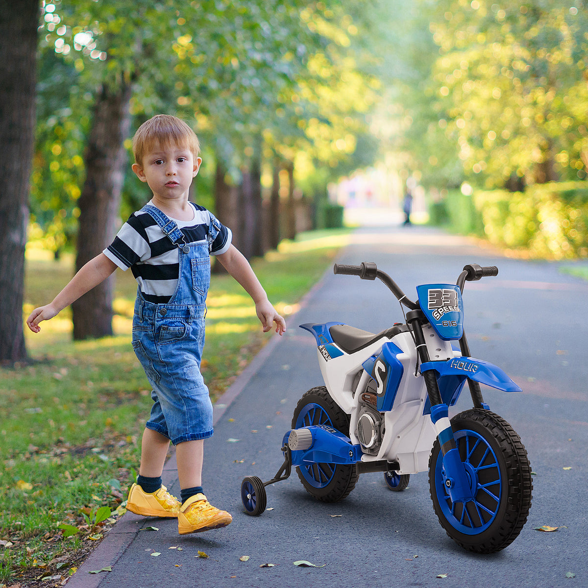 Moto Cross électrique Enfant 3 à 6 Ans 12 V 3-8 Km/h avec roulettes latérales Amovibles dim. 106,5L x 51,5l x 68H cm Bleu-1
