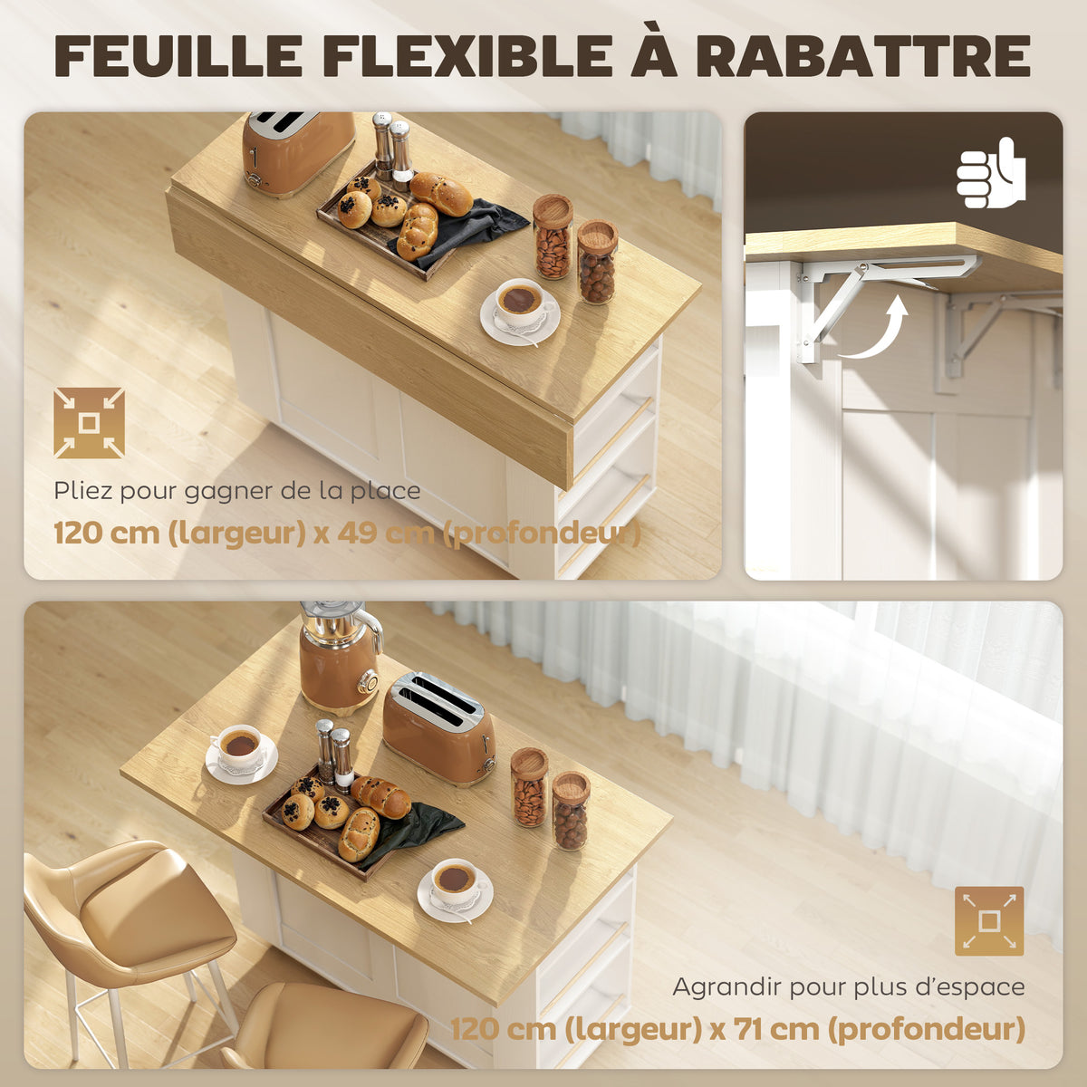 Îlot de Cuisine avec Station de Charge, Chariot de Cuisine à Roulettes avec Plan de Travail Rabattable, 2 Tiroirs, Blanc-4