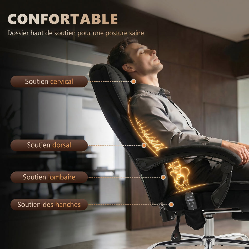 Fauteuil de bureau massant et chauffant hauteur réglable dossier inclinable télécommande repose-pieds rétractable noir-4