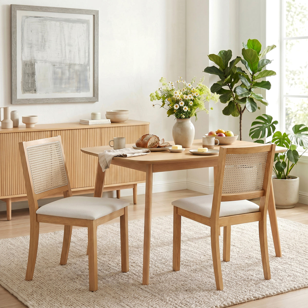 Lot de 2 chaises de salle à manger, chaises de cuisine avec assise rembourrée, dossier effet rotin, crème et chêne-1