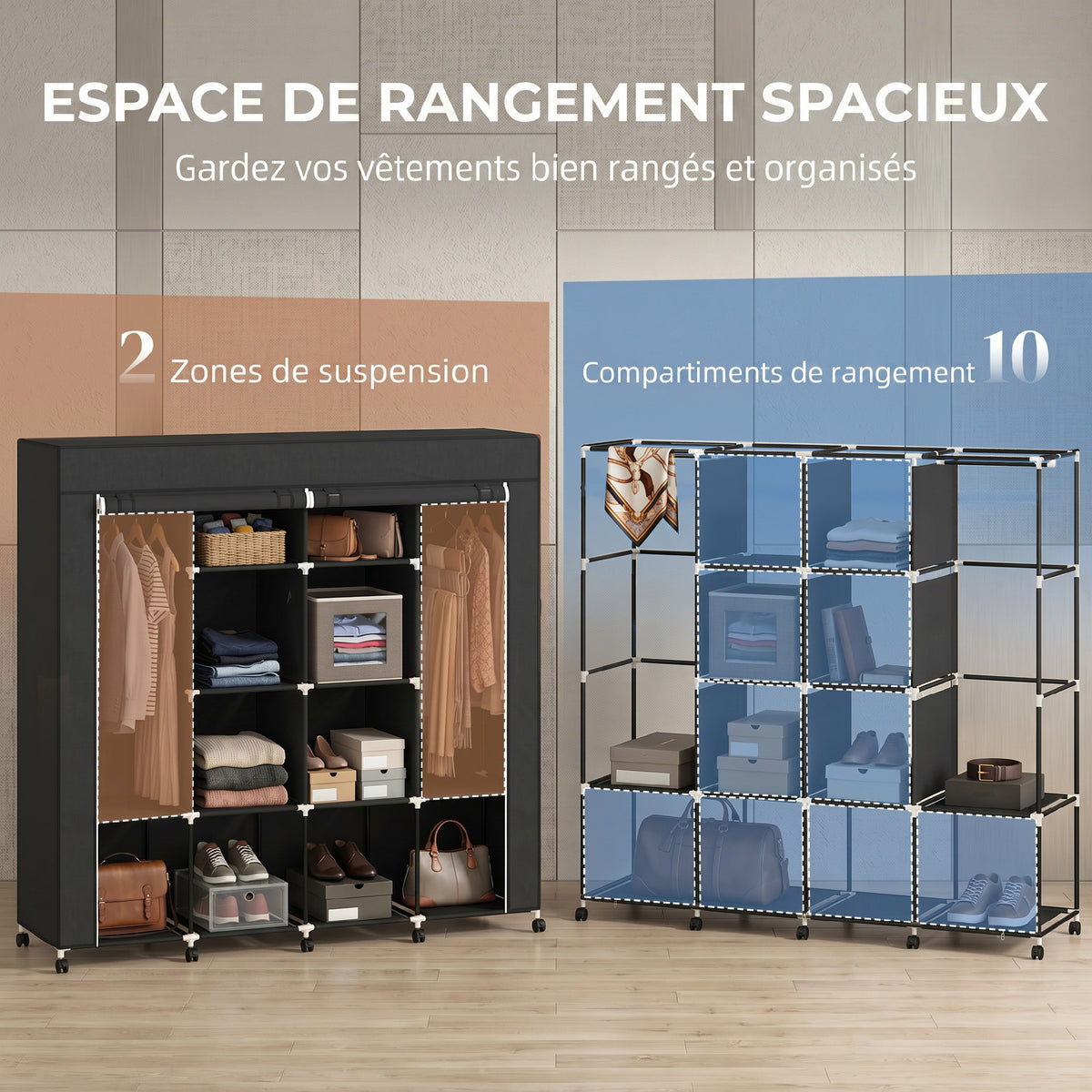 Armoire penderie en tissu, meuble de rangement mobile 10 roulettes avec 10 compartiments, barres de suspension, noir-3