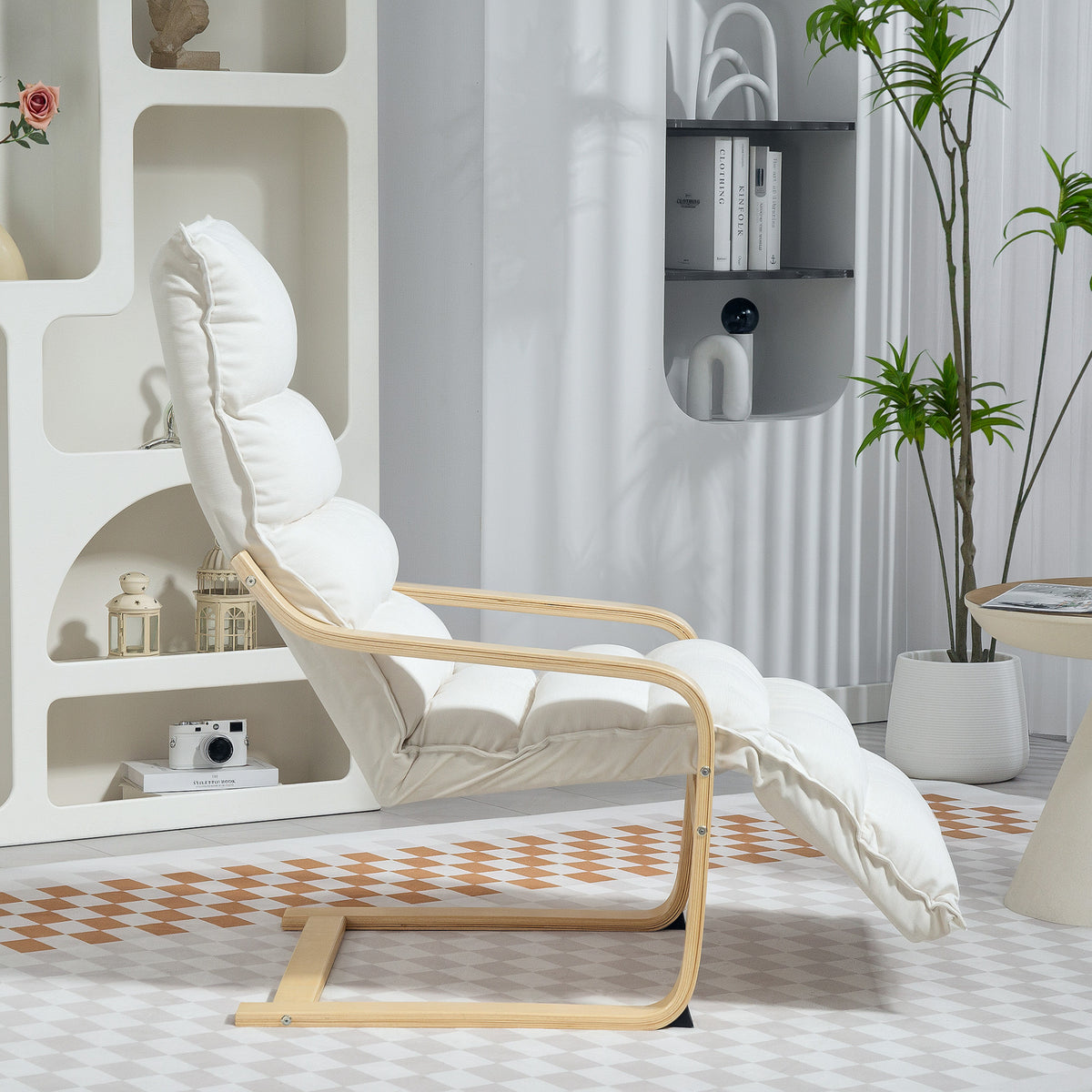 Fauteuil salon, fauteuil d'appoint rembourré en velours, repose-pieds réglable et structure en acier, 67x93x105cm, crème-8